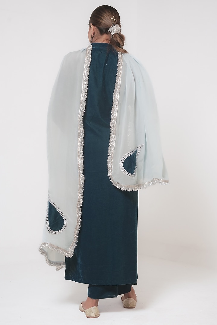 Teal Blue Velvet Kashmiri Silver Tilla Embroidered Kurta Set by Wazir C at Pernia's Pop Up Shop