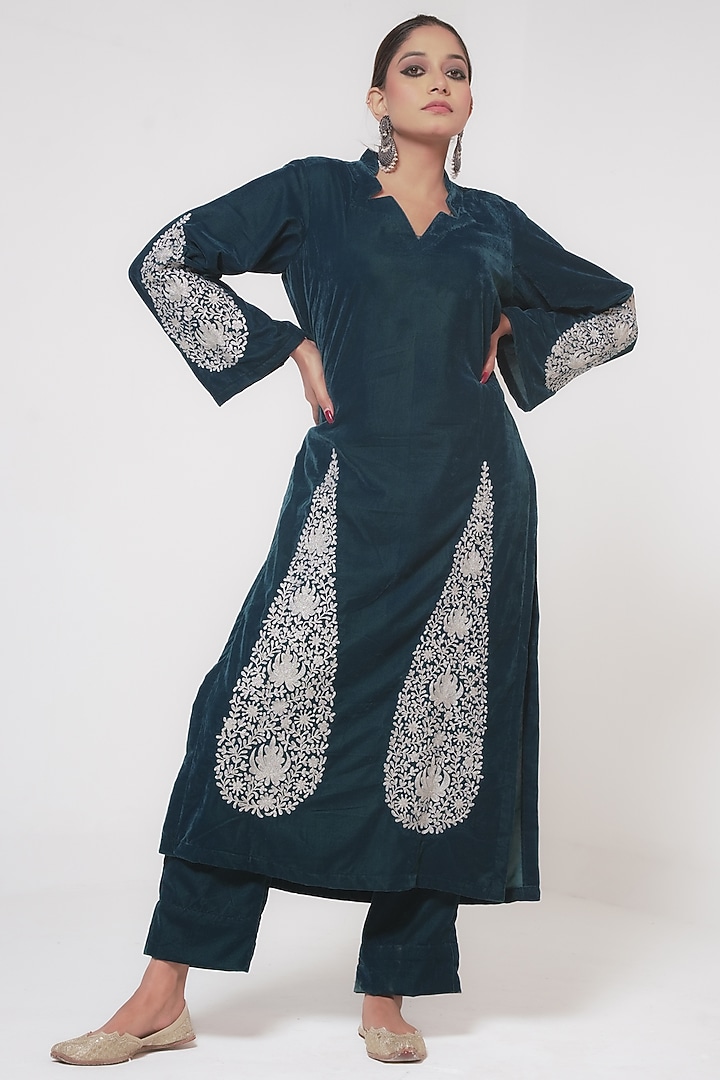Teal Blue Velvet Kashmiri Silver Tilla Embroidered Kurta Set by Wazir C at Pernia's Pop Up Shop