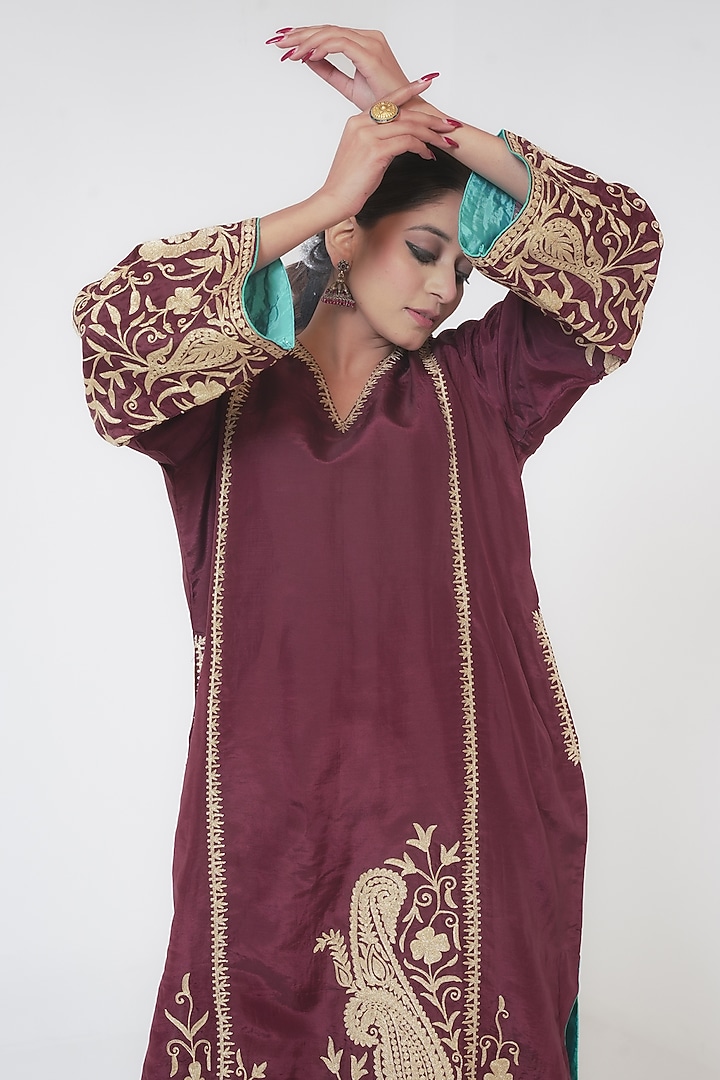 Wine Silk Kashmiri Golden Tilla Embroidered Kurta Set by Wazir C at Pernia's Pop Up Shop