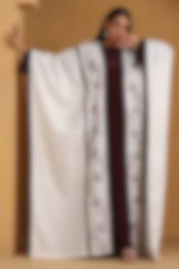 White & Brown Crepe Kashmiri Embroidered Vacation Dress With Abaya by Wazir C at Pernia's Pop Up Shop