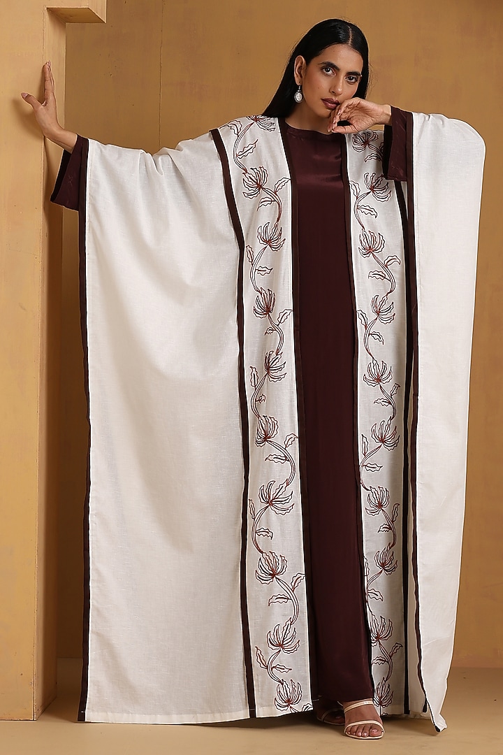 White & Brown Crepe Kashmiri Embroidered Vacation Dress With Abaya by Wazir C at Pernia's Pop Up Shop