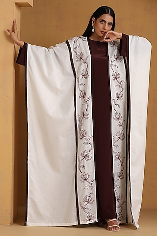 White & Brown Crepe Kashmiri Embroidered Dress With Abaya by Wazir C