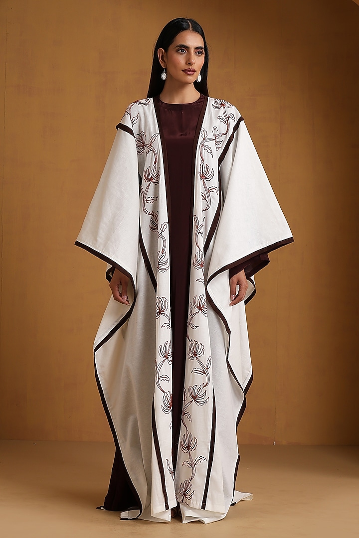 White & Brown Crepe Kashmiri Embroidered Vacation Dress With Abaya by Wazir C at Pernia's Pop Up Shop