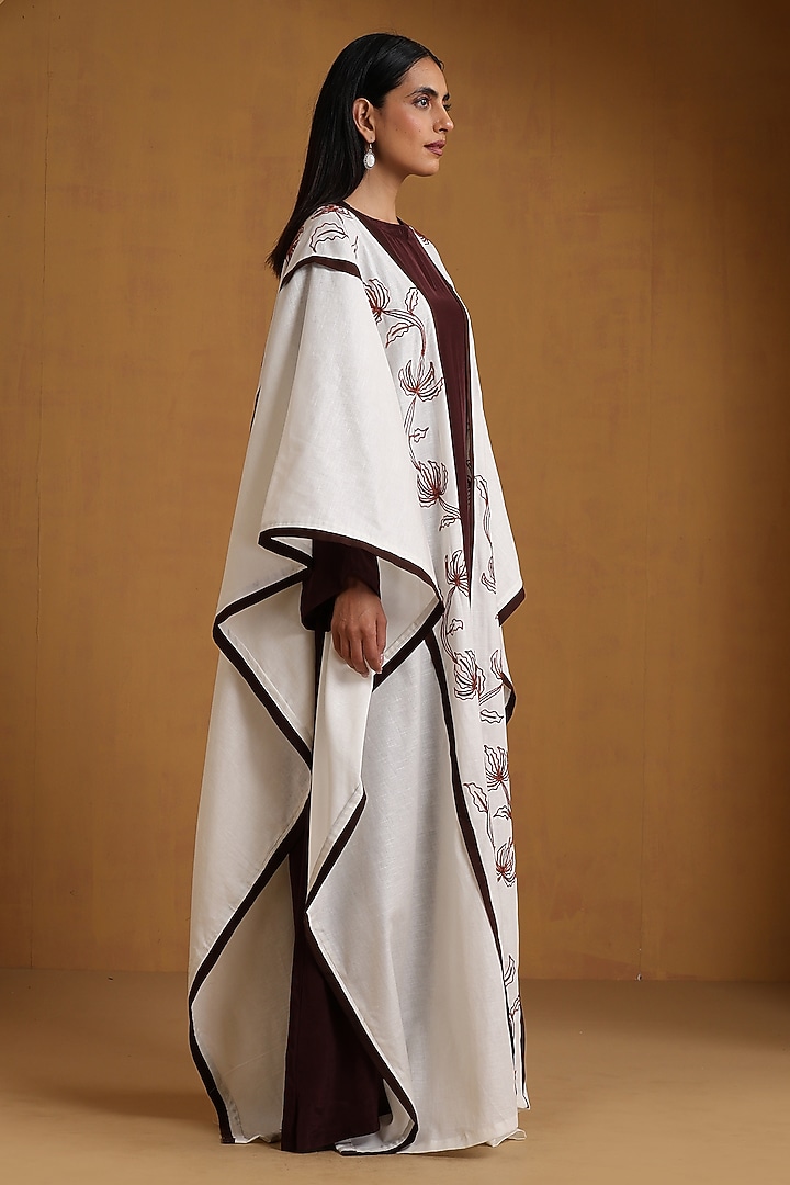 White & Brown Crepe Kashmiri Embroidered Vacation Dress With Abaya by Wazir C at Pernia's Pop Up Shop