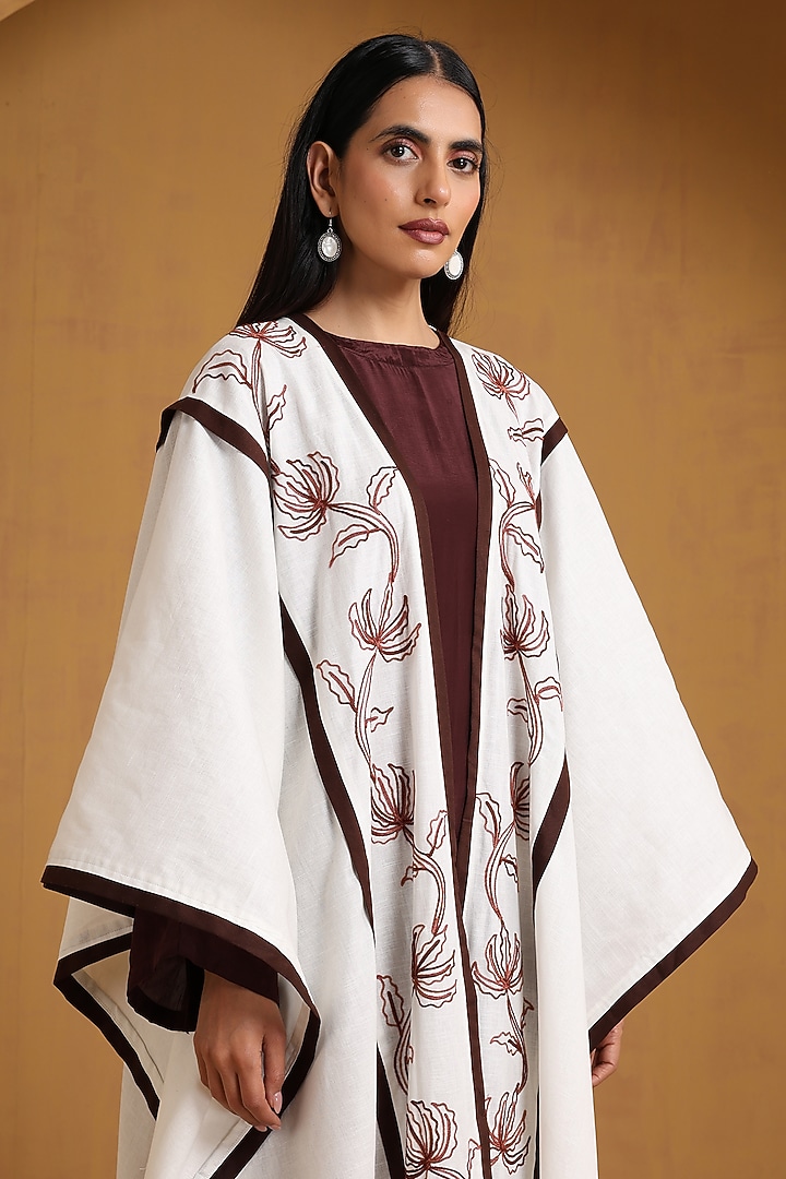 White & Brown Crepe Kashmiri Embroidered Vacation Dress With Abaya by Wazir C at Pernia's Pop Up Shop