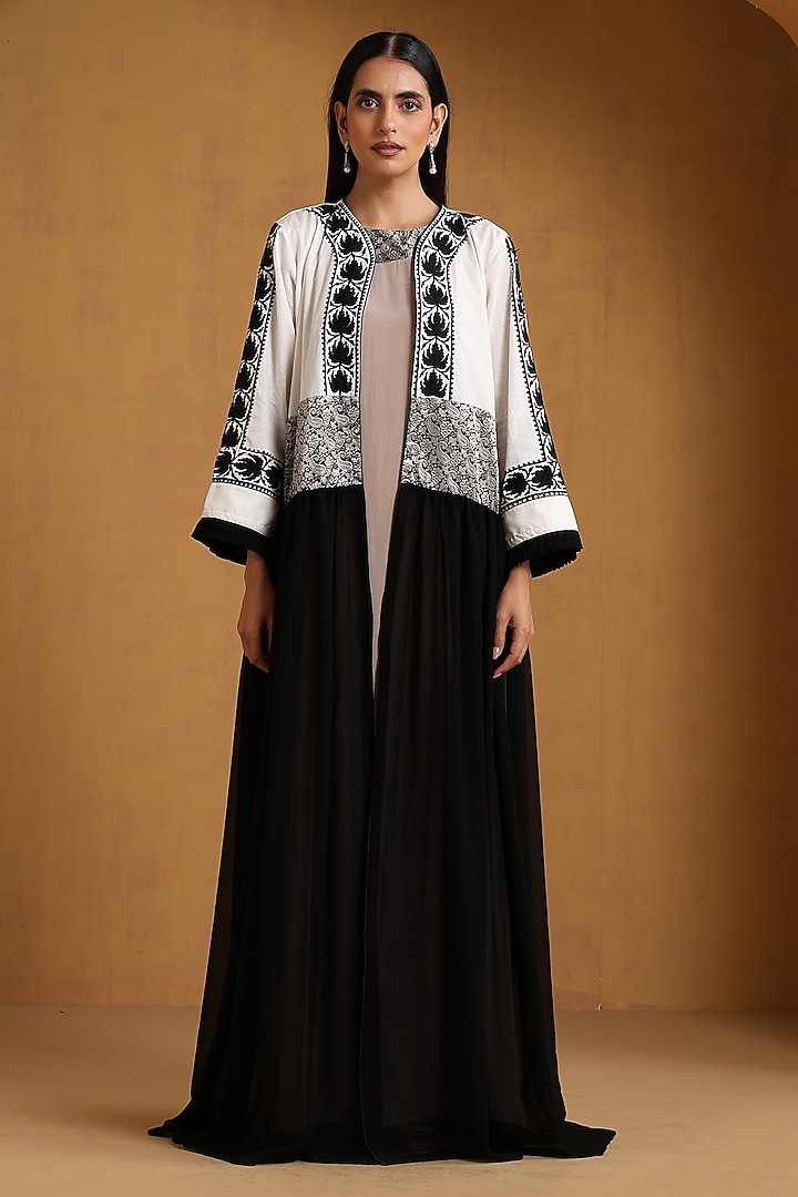 Multi-Colored Crepe Kashmiri Embroidered Vacation Dress With Abaya by Wazir C at Pernia's Pop Up Shop