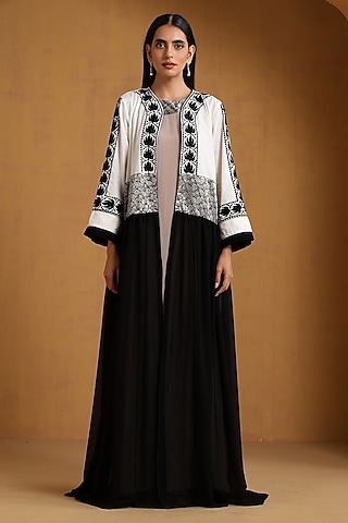 Multi-Colored Crepe Kashmiri Embroidered Dress With Abaya by Wazir C