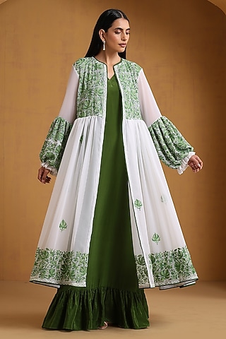 White & Green Crepe Kashmiri Embroidered Jacket Dress by Wazir C