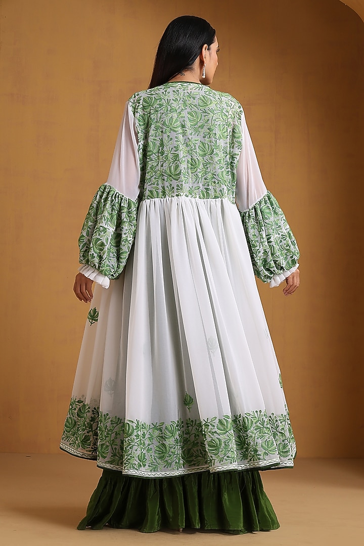 White & Green Crepe Kashmiri Embroidered Jacket Vacation Dress by Wazir C at Pernia's Pop Up Shop
