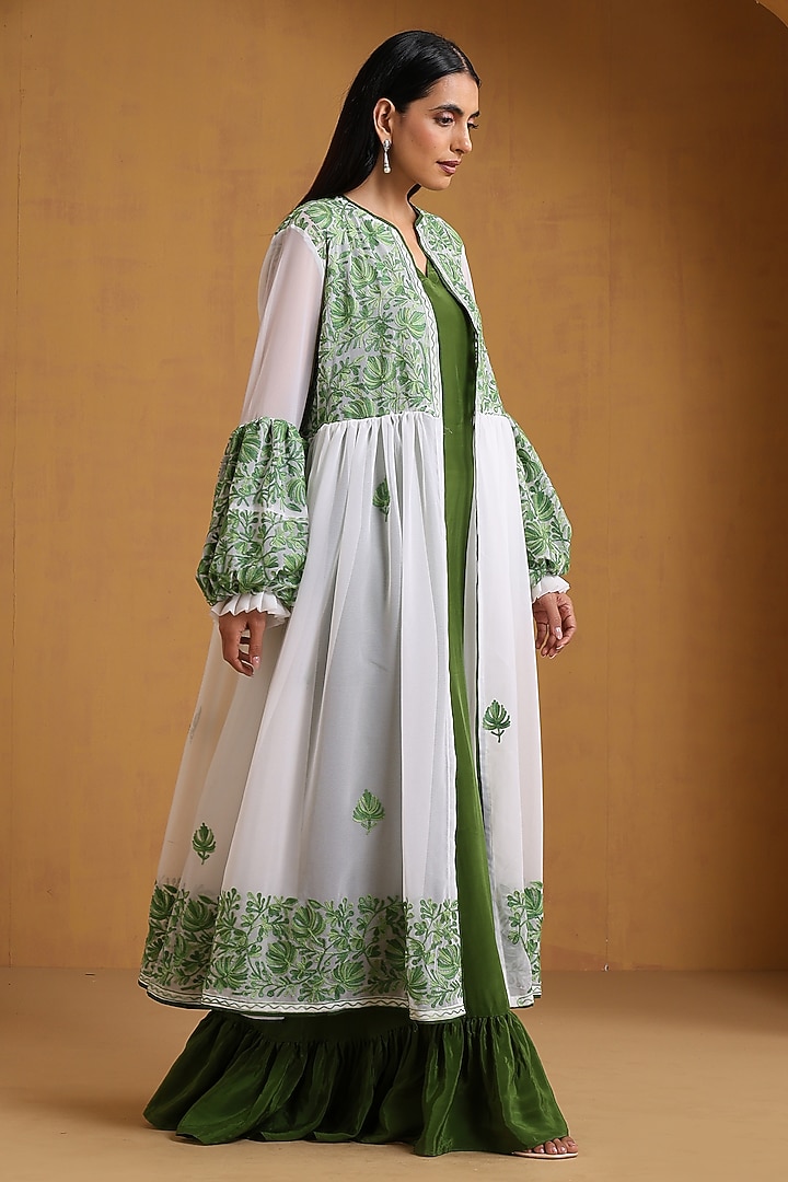 White & Green Crepe Kashmiri Embroidered Jacket Vacation Dress by Wazir C at Pernia's Pop Up Shop