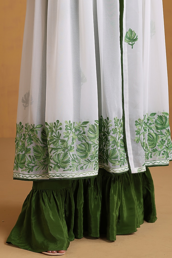 White & Green Crepe Kashmiri Embroidered Jacket Vacation Dress by Wazir C at Pernia's Pop Up Shop