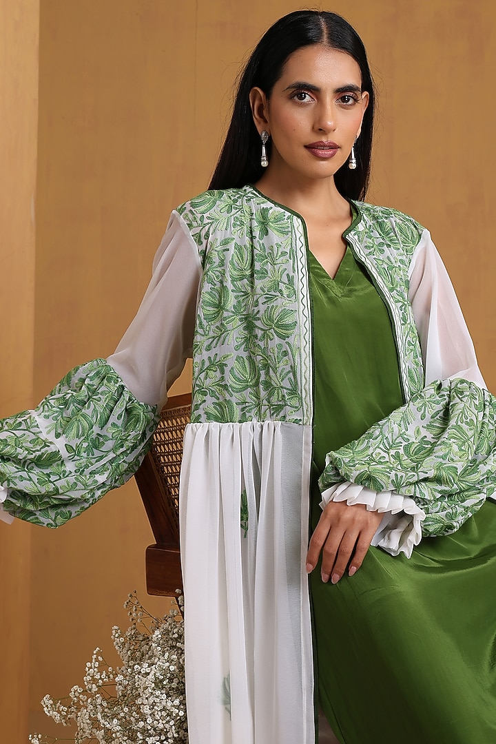White & Green Crepe Kashmiri Embroidered Jacket Vacation Dress by Wazir C at Pernia's Pop Up Shop