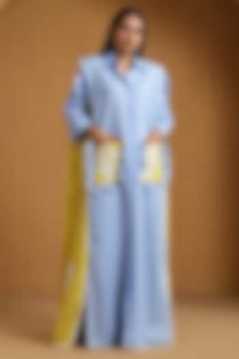 Ice Blue & Neon Linen Kashmiri Embroidered Maxi Vacation Dress by Wazir C at Pernia's Pop Up Shop