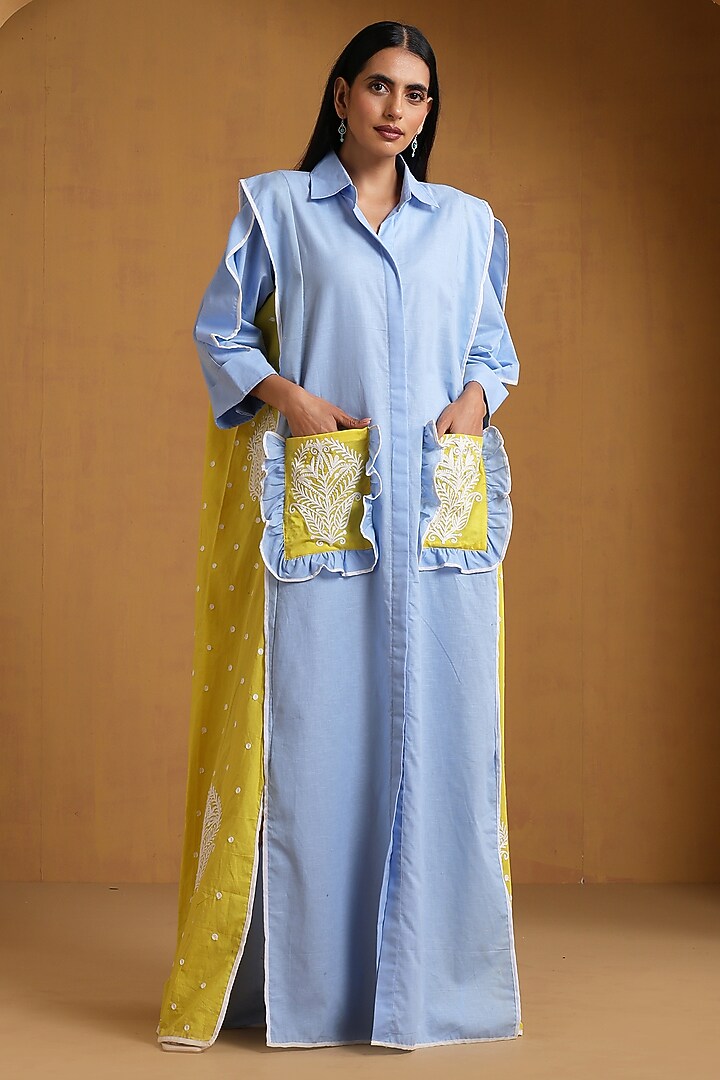 Ice Blue & Neon Linen Kashmiri Embroidered Maxi Vacation Dress by Wazir C at Pernia's Pop Up Shop