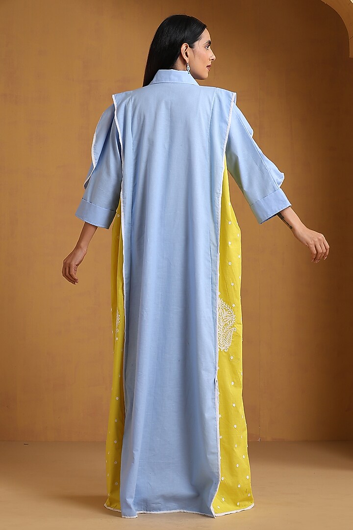 Ice Blue & Neon Linen Kashmiri Embroidered Maxi Vacation Dress by Wazir C at Pernia's Pop Up Shop