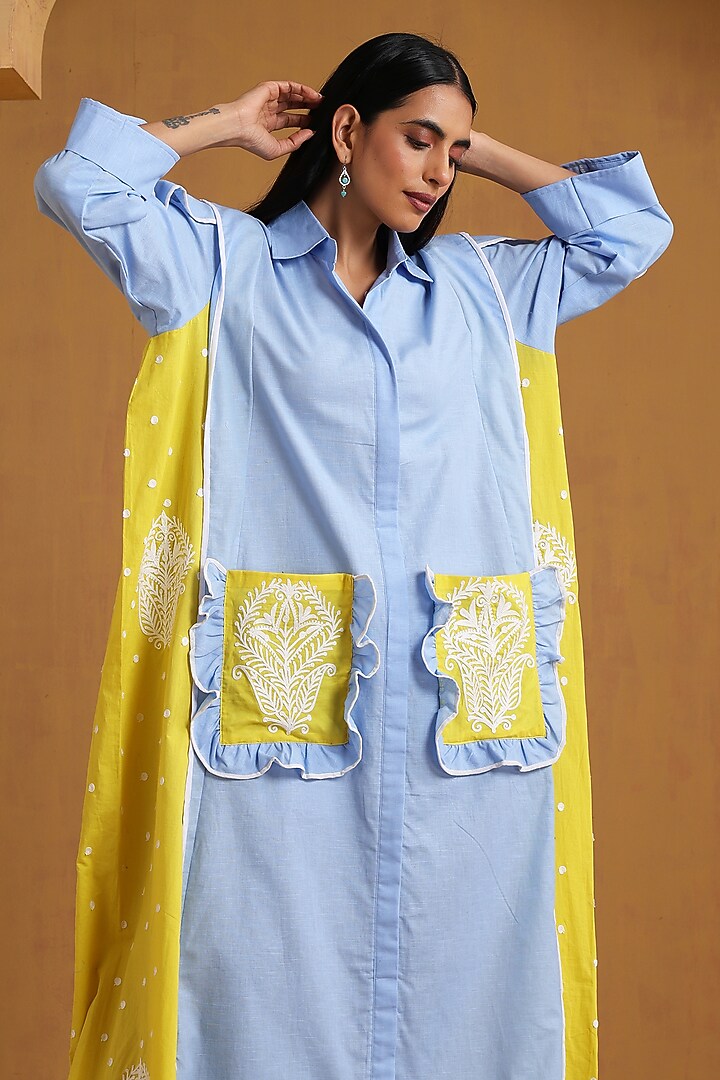 Ice Blue & Neon Linen Kashmiri Embroidered Maxi Vacation Dress by Wazir C at Pernia's Pop Up Shop
