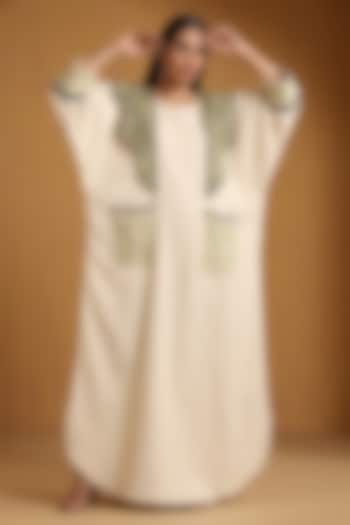 Off-White & Brown Linen Kashmiri Embroidered Abaya by Wazir C at Pernia's Pop Up Shop