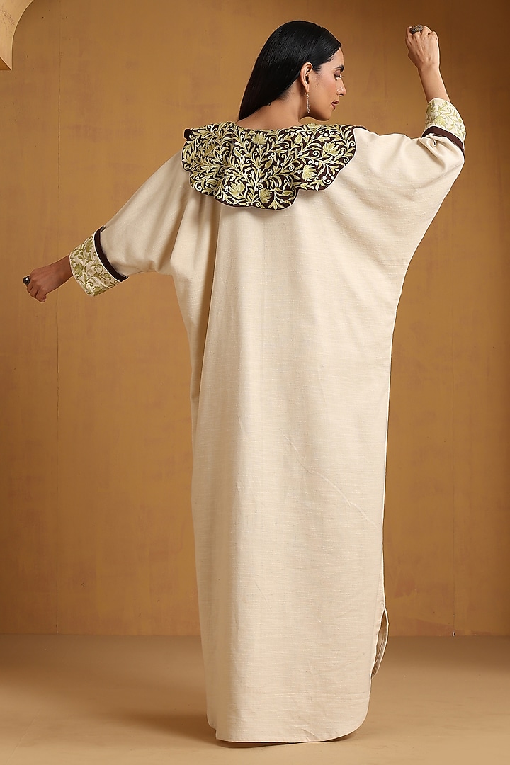 Off-White & Brown Linen Kashmiri Embroidered Abaya by Wazir C at Pernia's Pop Up Shop
