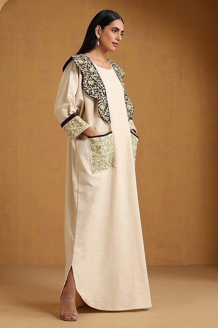 Off-White & Brown Linen Kashmiri Embroidered Abaya by Wazir C at Pernia's Pop Up Shop