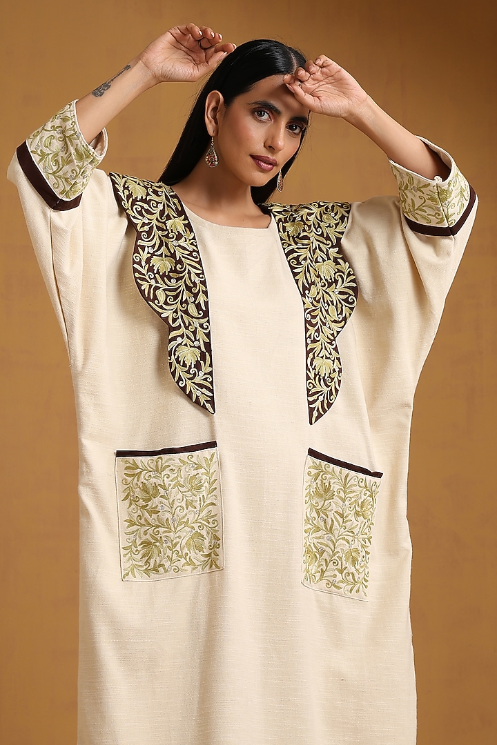 Off-White & Brown Linen Kashmiri Embroidered Abaya by Wazir C at Pernia's Pop Up Shop