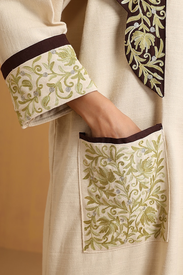 Off-White & Brown Linen Kashmiri Embroidered Abaya by Wazir C at Pernia's Pop Up Shop