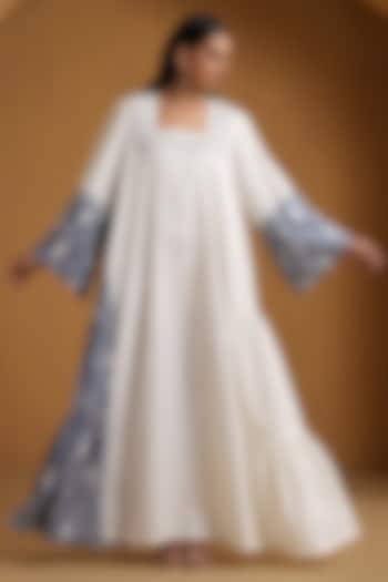 Ice Blue & White Linen Kashmiri Embroidered Maxi Vacation Dress by Wazir C at Pernia's Pop Up Shop