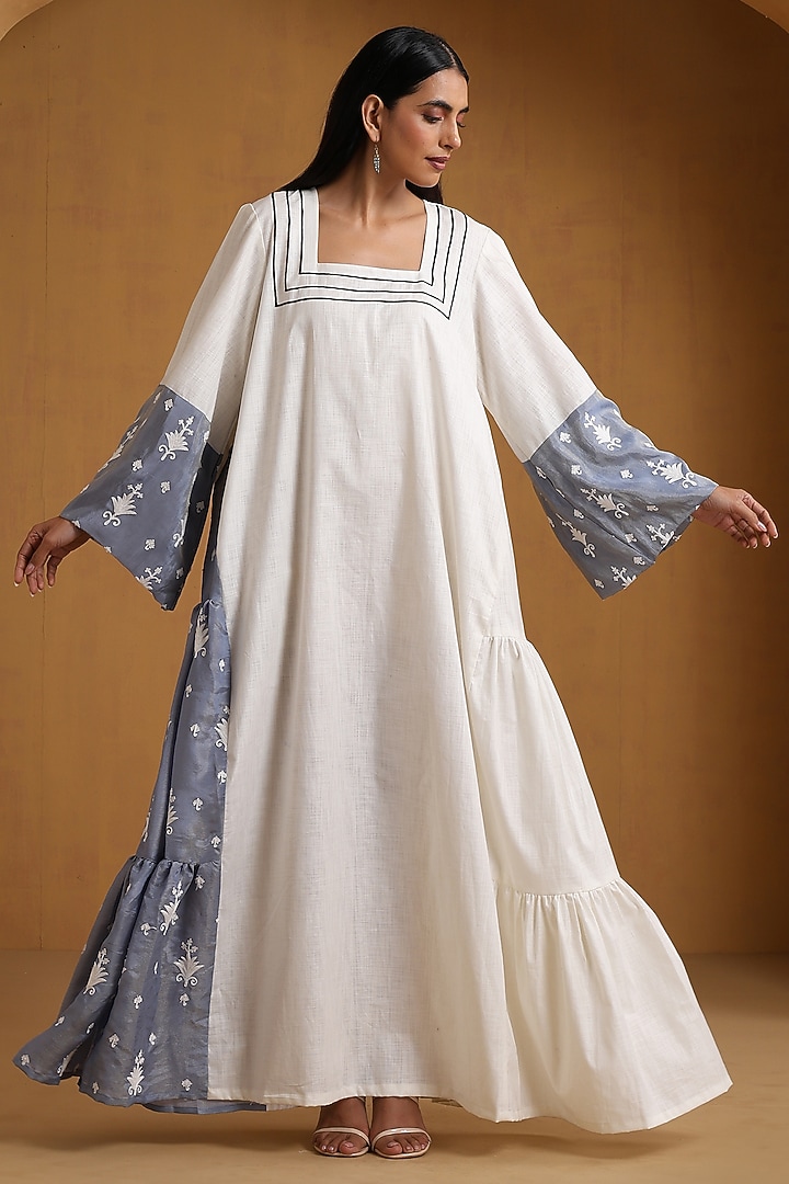 Ice Blue & White Linen Kashmiri Embroidered Maxi Vacation Dress by Wazir C at Pernia's Pop Up Shop