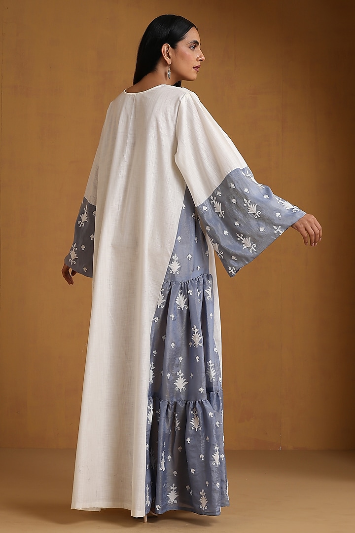 Ice Blue & White Linen Kashmiri Embroidered Maxi Vacation Dress by Wazir C at Pernia's Pop Up Shop