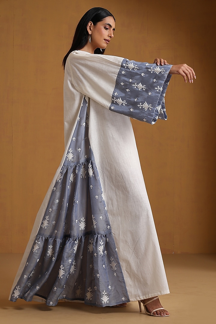 Ice Blue & White Linen Kashmiri Embroidered Maxi Vacation Dress by Wazir C at Pernia's Pop Up Shop
