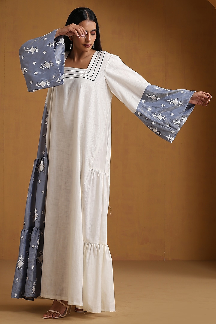 Ice Blue & White Linen Kashmiri Embroidered Maxi Vacation Dress by Wazir C at Pernia's Pop Up Shop