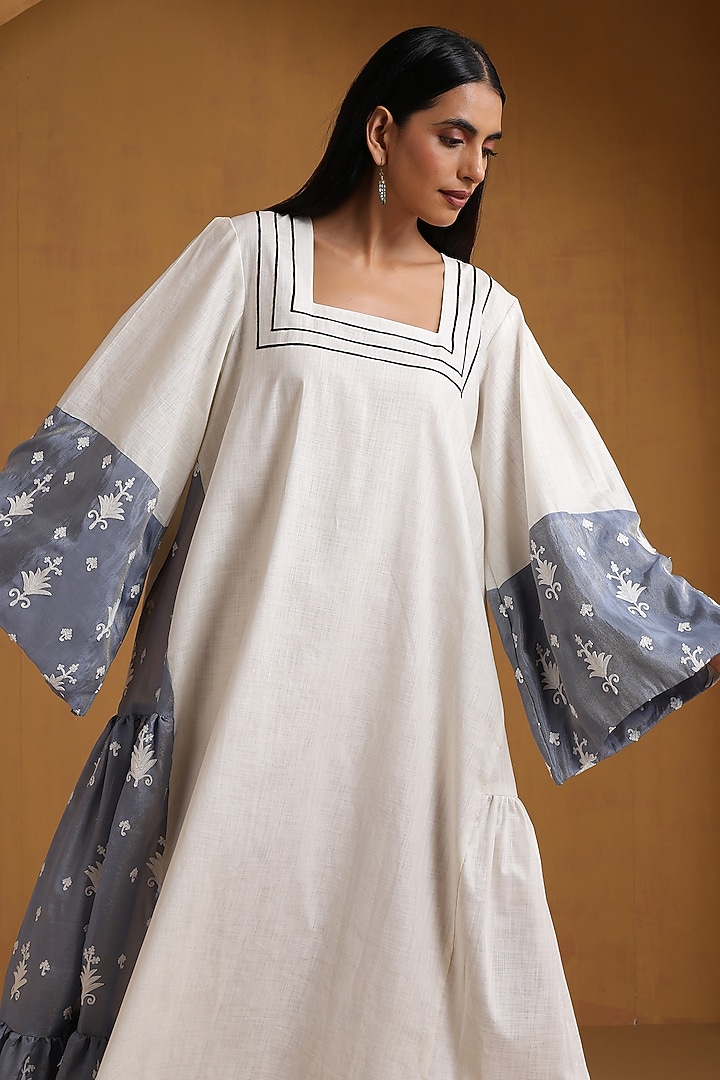 Ice Blue & White Linen Kashmiri Embroidered Maxi Vacation Dress by Wazir C at Pernia's Pop Up Shop
