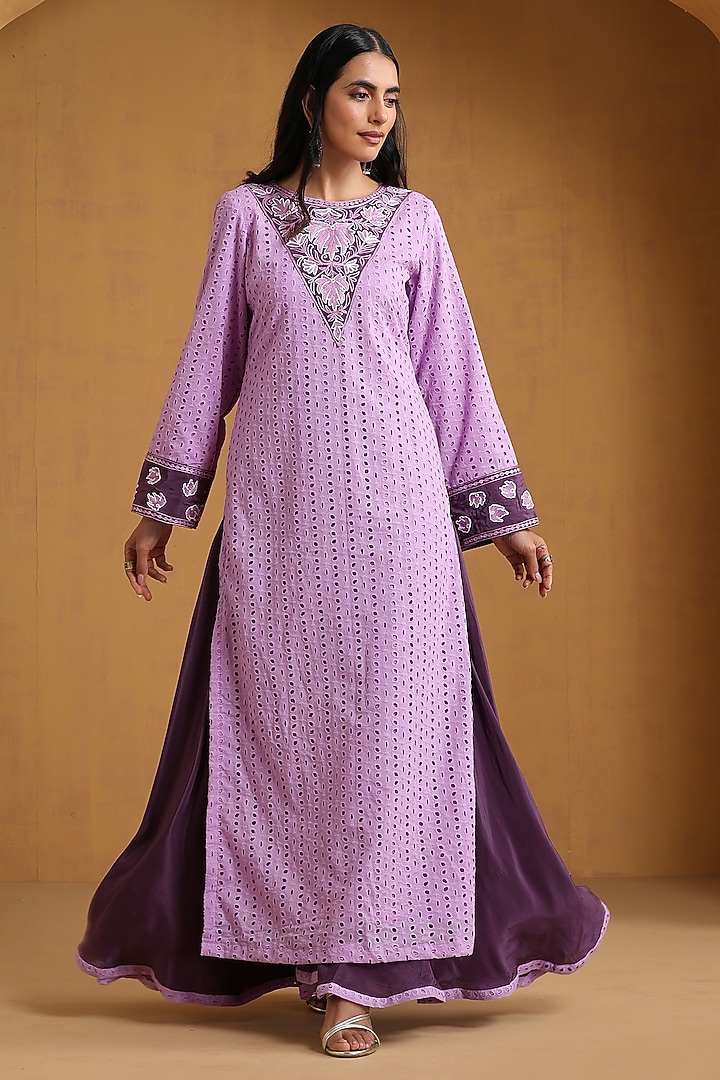 Lavender Crepe Kashmiri Embroidered Kurta Set by Wazir C at Pernia's Pop Up Shop