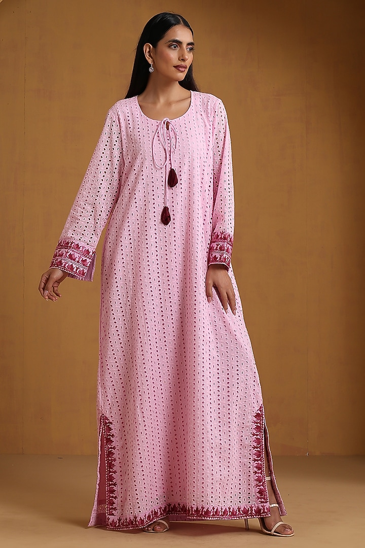 Pink Hakoba Kashmiri Embroidered Maxi Vacation Dress by Wazir C at Pernia's Pop Up Shop