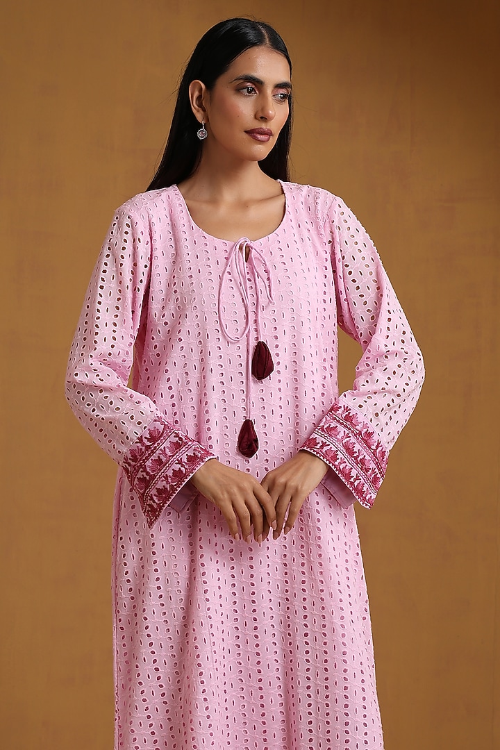 Pink Hakoba Kashmiri Embroidered Maxi Vacation Dress by Wazir C at Pernia's Pop Up Shop