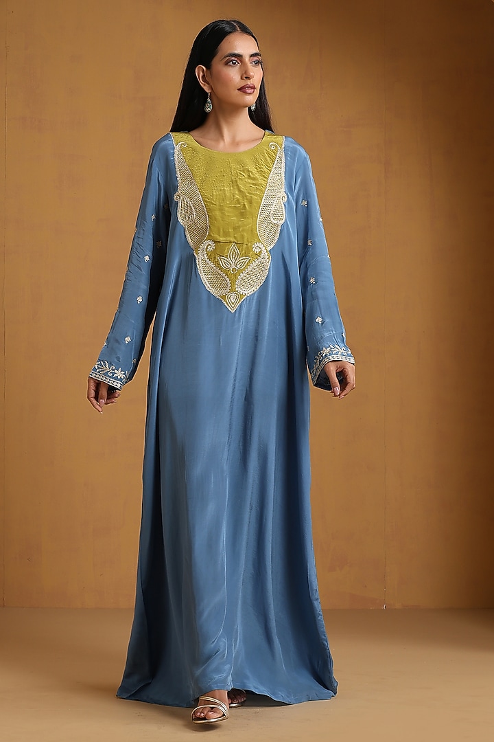 Blue Crepe Kashmiri Embroidered Maxi Vacation Dress by Wazir C at Pernia's Pop Up Shop