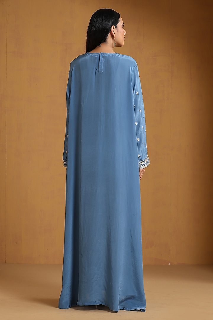 Blue Crepe Kashmiri Embroidered Maxi Vacation Dress by Wazir C at Pernia's Pop Up Shop