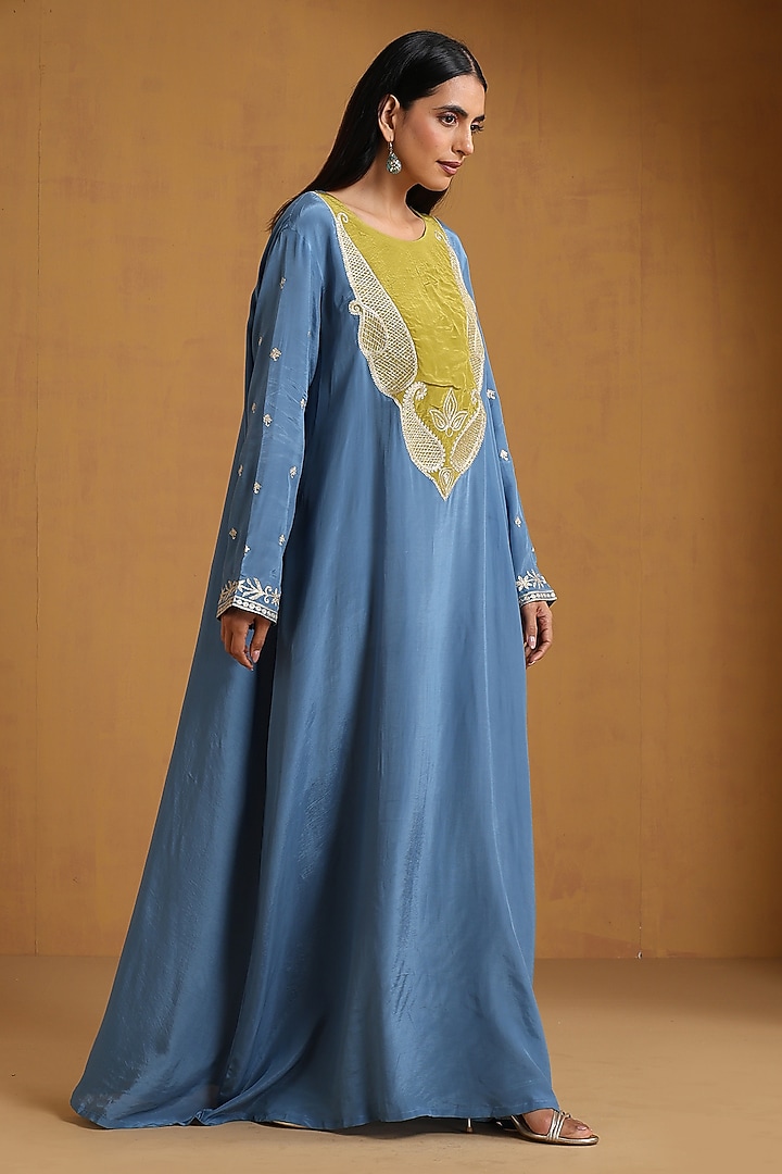 Blue Crepe Kashmiri Embroidered Maxi Vacation Dress by Wazir C at Pernia's Pop Up Shop