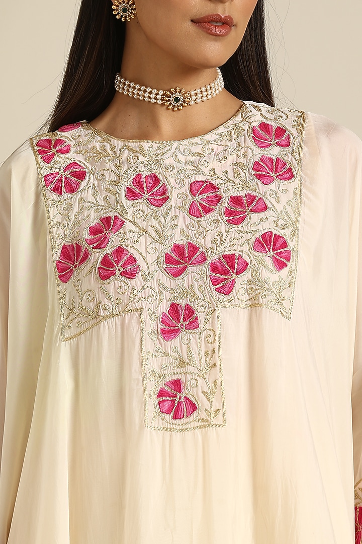Off-White Crepe Silk Kashmiri Aari Embroidered Kaftan Set by Wazir C at Pernia's Pop Up Shop