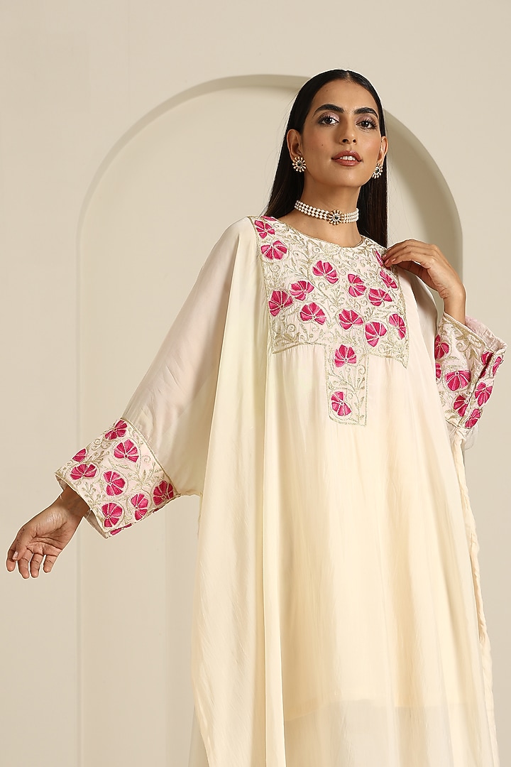 Off-White Crepe Silk Kashmiri Aari Embroidered Kaftan Set by Wazir C at Pernia's Pop Up Shop
