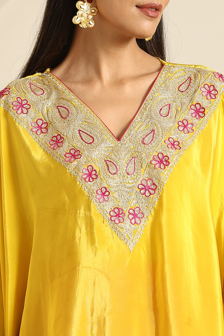 Yellow Crepe Aari Embroidered Kaftan Set by Wazir C at Pernia's Pop Up Shop