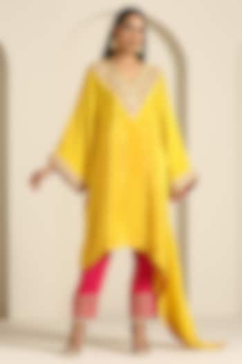 Yellow Crepe Aari Embroidered Kaftan Set by Wazir C at Pernia's Pop Up Shop