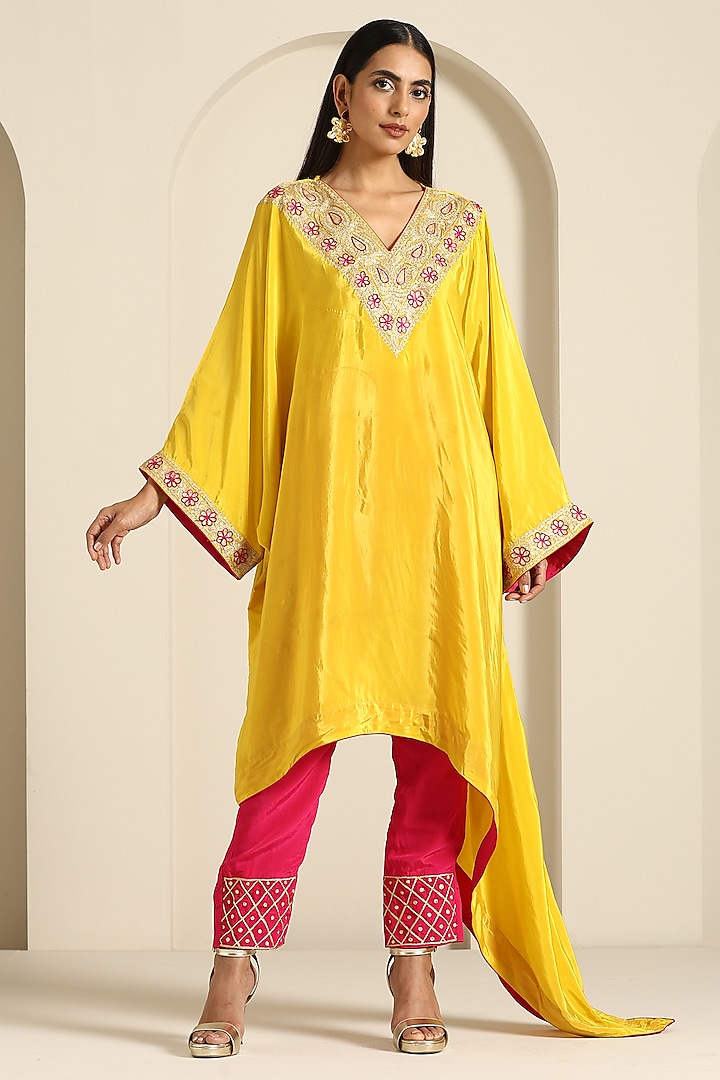 Yellow Crepe Aari Embroidered Kaftan Set by Wazir C at Pernia's Pop Up Shop