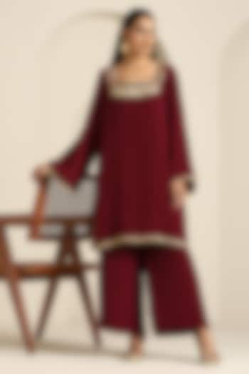 Maroon Crepe Flared Pant Set by Wazir C