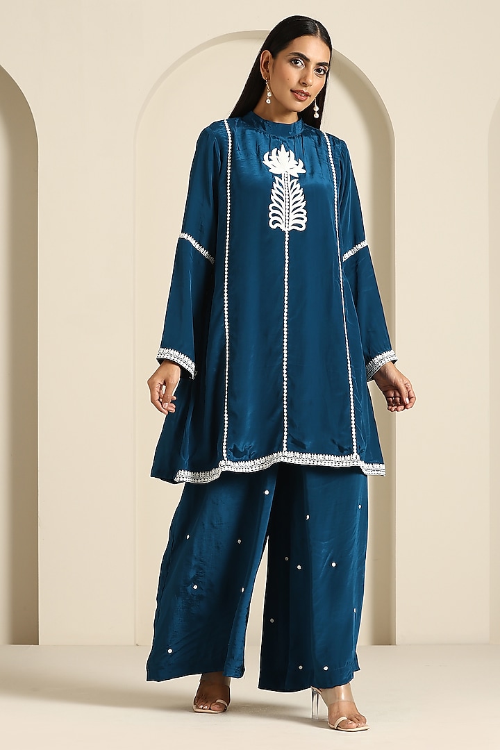 Teal Blue Crepe Flared Pant Set by Wazir C