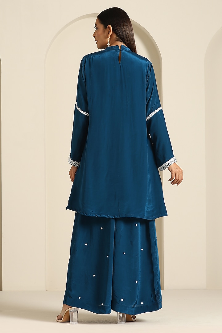 Teal Blue Crepe Flared Pant Set by Wazir C at Pernia's Pop Up Shop