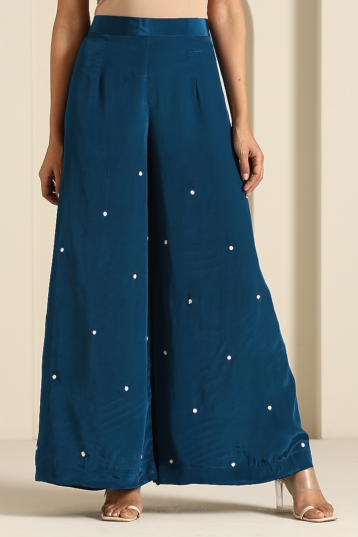 Teal Blue Crepe Flared Pant Set by Wazir C at Pernia's Pop Up Shop