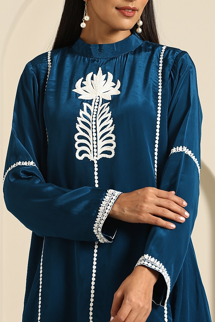 Teal Blue Crepe Flared Pant Set by Wazir C at Pernia's Pop Up Shop