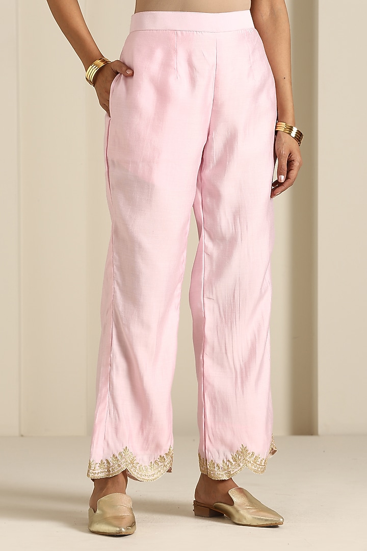 Baby Pink & Hot Pink Muslin Kashmiri Tilla Embroidered Kurta Set by Wazir C at Pernia's Pop Up Shop