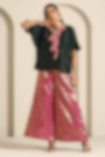 Hot Pink Brocade Flared Pant Set by Wazir C