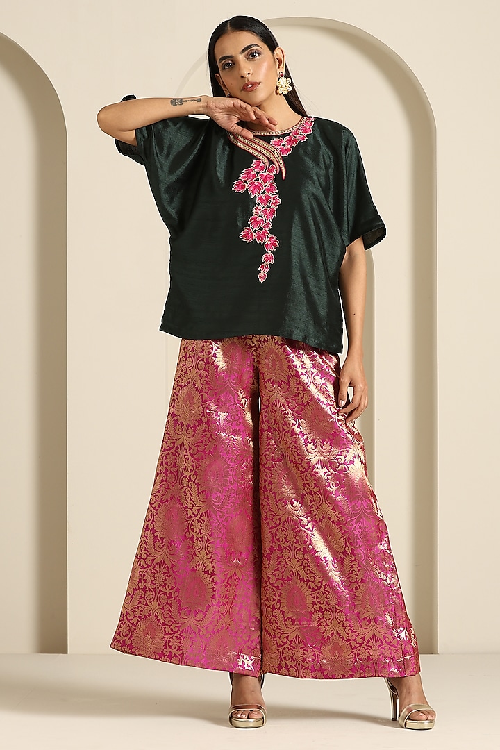 Hot Pink Brocade Flared Pant Set by Wazir C